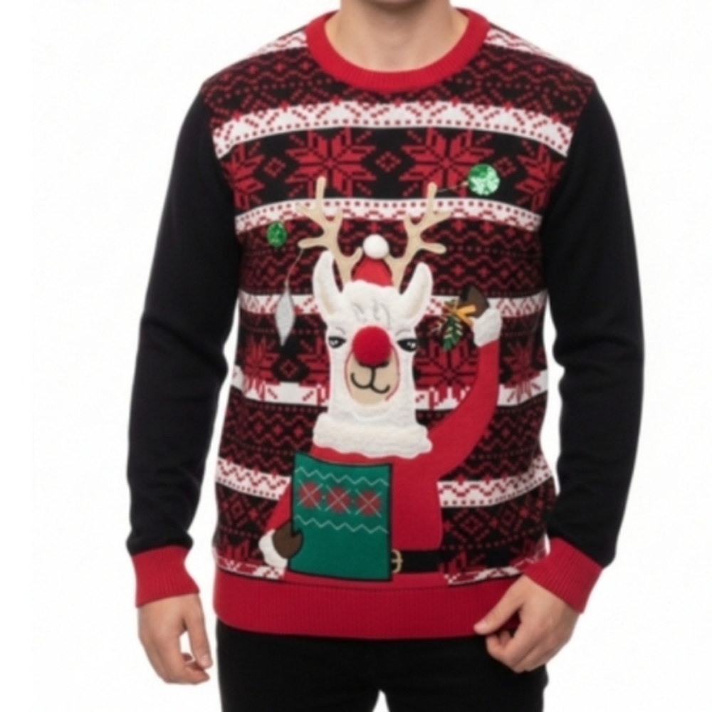 Ugly Christmas Sweater Fleece Llama Holiday Party Drink Holder Pocket Knit